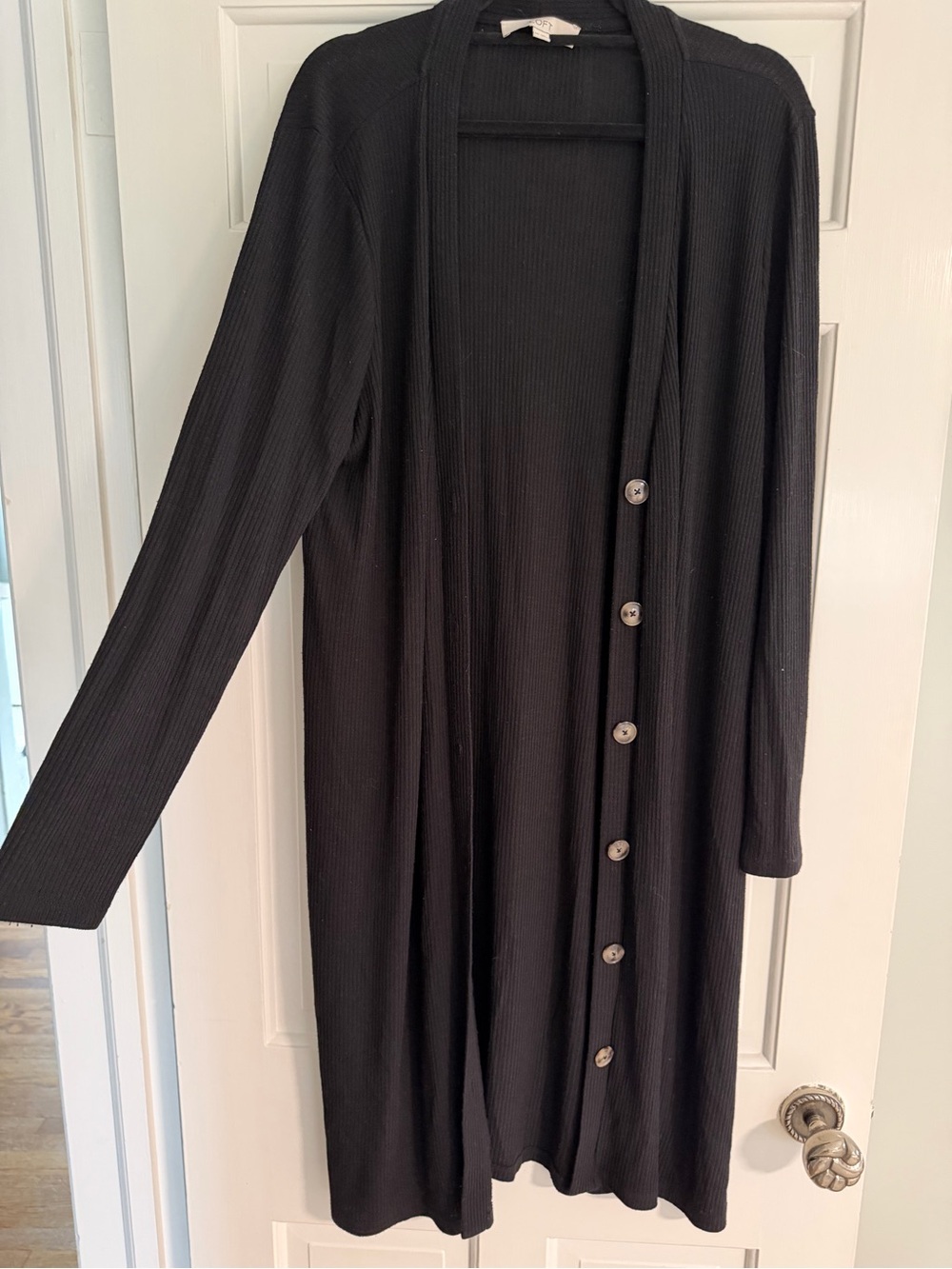 LOFT Long Black Button-Front Ribbed Cardigan